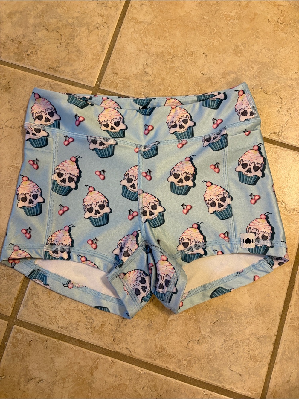 Light Blue Cupcake Skull Print Bike Shorts